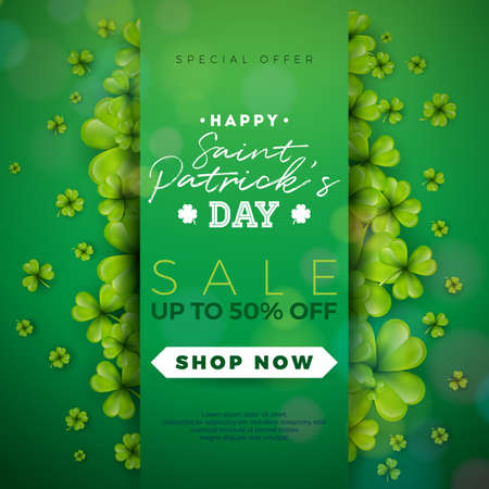 St. Patrick's day sale design, with clover and typography letter on green background. Vector Irish lucky holiday design template for coupon, banner, voucher or promotional poster.のイラスト素材
