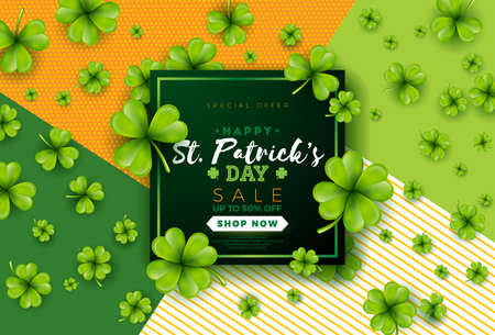 St. Patricks Day Sale Design, with Clover and Typography Letter on Green Background. Vector Irish Lucky Holiday Design Template for Coupon, Banner, Voucher or Promotional Poster.のイラスト素材