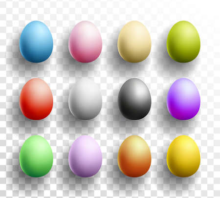 Happy Easter colored Eggs set with shadows on transparent background. Vector illustration for Spring Celebration with Easter Egg Hunt element.のイラスト素材