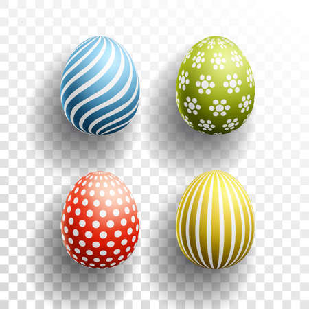 Happy Easter colored Eggs set with shadows on transparent background. Vector illustration for Spring Celebration with Easter Egg Hunt elementのイラスト素材