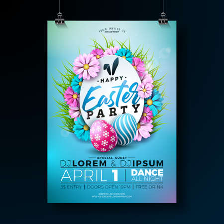 Vector Easter Party Flyer Illustration with painted eggs, flowers and typography elements on nature blue background. Spring holiday celebration poster design template.のイラスト素材