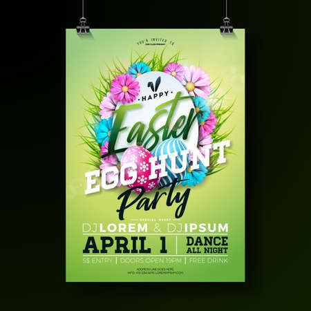 Vector Easter Party Flyer Illustration with painted eggs, flowers and typography elements on nature blue background. Spring holiday celebration poster design template.のイラスト素材