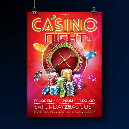Vector Casino night illustration with roulette wheel and shiny neon light lettering on red background. Luxury gambling invitation poster template design conceptのイラスト素材