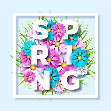 Spring nature theme with beautiful colorful flower on blue background vector illustration. Floral design template with typography letter.のイラスト素材