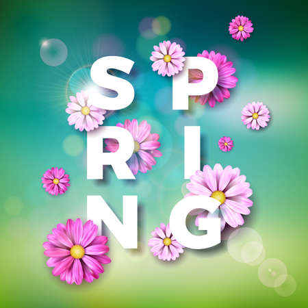 Vector Illustration on a spring nature theme with beautiful colorful flower on blurred landscape background.のイラスト素材