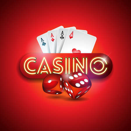 Vector illustration on a casino theme with shiny neon light letter and poker cards on red background. Gambling design for invitation or promo banner with dice.のイラスト素材