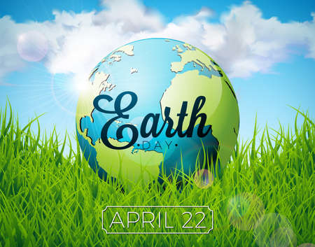 Earth Day illustration with planet and lettering. World map background on april 22 environment concept. Vector design for banner, poster or greeting cardのイラスト素材