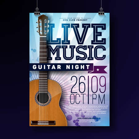 Live music flyer design with acoustic guitar on grunge background. Vector illustration template for invitation poster, promotional banner, brochure, or greeting card.のイラスト素材