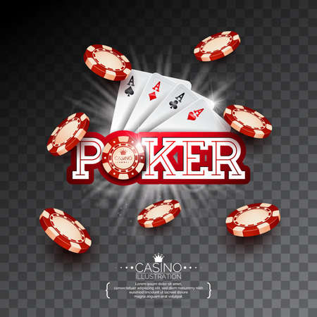 Casino Illustration with poker card and falling playing chips on transparent background. Vector gambling design for invitation or promo banner.のイラスト素材