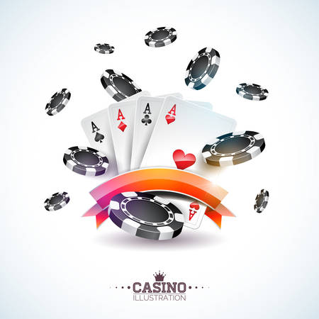 Vector illustration on a casino theme with poker cards and playing chips on white background.のイラスト素材