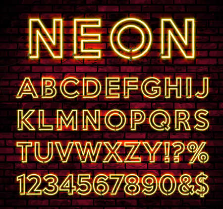 Bright Neon Alphabet on dark brick wall background. Vector number and symbol with shiny glow effect.のイラスト素材