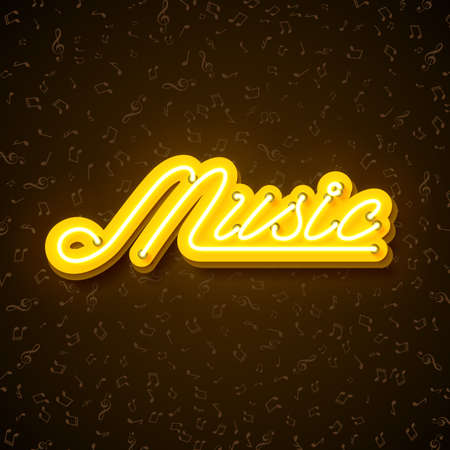 Music illustration with neon sign. Shiny signboard letter on note texture background. Design template for decoration, cover, flyer or promotional party posterのイラスト素材