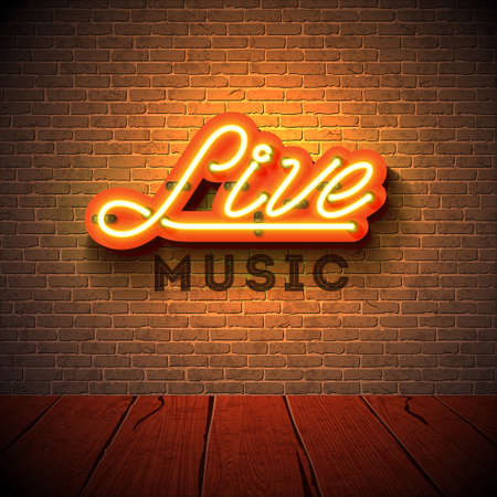 Live music neon sign with 3d signboard letter on brick wall background. Design template for decoration, cover, flyer or promotional party poster.のイラスト素材