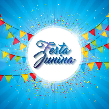 Festa Junina Illustration with Party Flags and Paper Lantern on Yellow Background. Vector Brazil June Festival Design for Greeting Card, Invitation or Holiday Poster.のイラスト素材