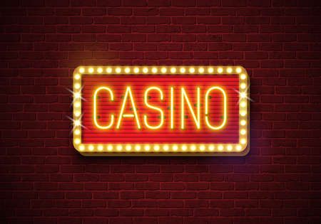 Casino neon sign illustration on brick wall background. Vector light banner or bright signboard design.のイラスト素材