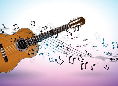 Music banner design with acoustic guitar and falling notes on clean background. Vector illustration template for invitation, party poster, promotional banner, brochure, or greeting card.のイラスト素材