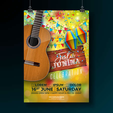 Festa Junina Party Flyer Illustration with Typography Design on Vintage Wood Board and Acoustic Guitar. Flags and Paper Lantern on Yellow Background. Vector Brazil June Festival Design for Invitation or Holiday Celebration Poster.のイラスト素材