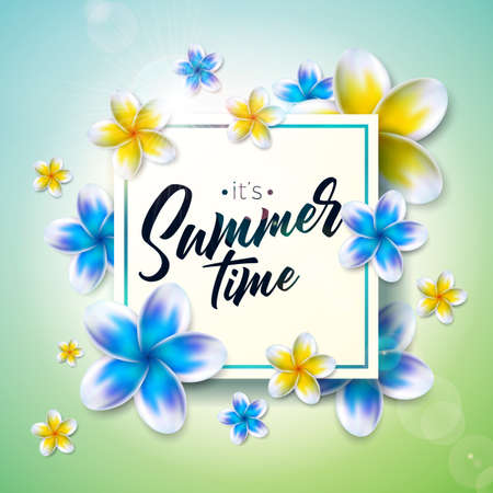 Its Summer Time illustration with flower on nature green background. Tropical Holiday typographic design template for banner, flyer, invitation, brochure, poster or greeting card.のイラスト素材