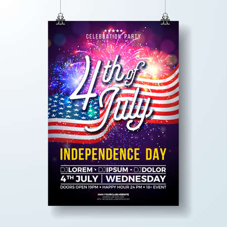 Independence Day of the USA Party Flyer Illustration with Flag and Fireworks. Vector Fourth of July Design on Dark Background for Celebration Banner, Greeting Card, Invitation or Holiday Poster.のイラスト素材