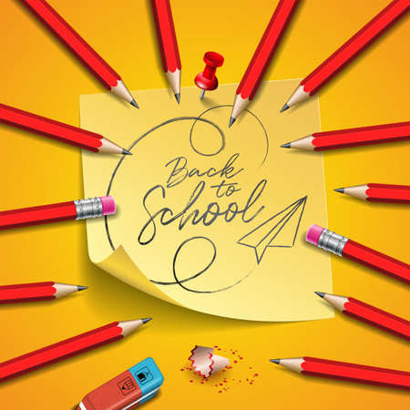 Back to school design with graphite pencil, eraser and sticky notes on yellow background. Vector illustration with post it,red pin and hand lettering for greeting card, banner, flyer, invitation, brochure or promotional posterのイラスト素材
