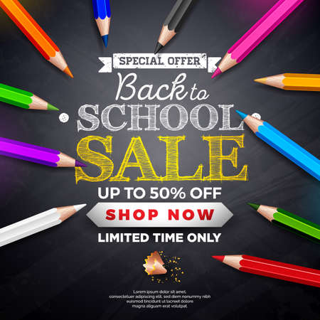 Back to school sale design with colorful pencil and typography lettering on black chalkboard background. Vector Illustration with Special Offer Typography Elements for Coupon, Voucher, Banner, Flyer, Promotional Poster or greeting card.のイラスト素材