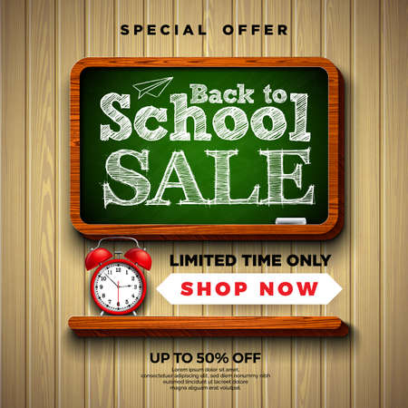 Back to school sale design with alarm clock, chalkboard and typography lettering on wood texture background. Vector Illustration with Special Offer Typography Elements for Coupon, Voucher, Banner, Flyer, Promotional Poster or greeting card.のイラスト素材