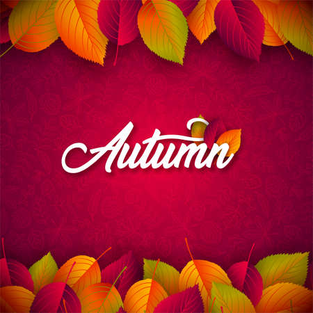 Autumn Illustration with Falling Leaves and Lettering on Red Background. Autumnal Vector Design with Hand Drawn Doodles for Greeting Card, Banner, Flyer, Invitation, Brochure or Promotional Posterのイラスト素材