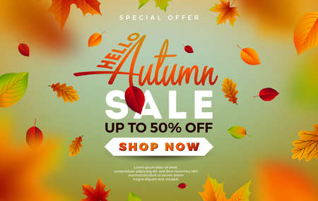 Autumn Sale Design with Falling Leaves and Lettering on Green Background. Autumnal Vector Illustration with Special Offer Typography Elements for Coupon, Voucher, Banner, Flyer, Promotional Poster or Greeting Cardのイラスト素材
