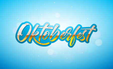 Oktoberfest Banner Illustration with Fresh Lager Beer in Typography Lettering on Shiny Blue Background. Vector Traditional German Beer Festival Design Template for Greeting Card, Celebration Flyer or Promotional Posterのイラスト素材