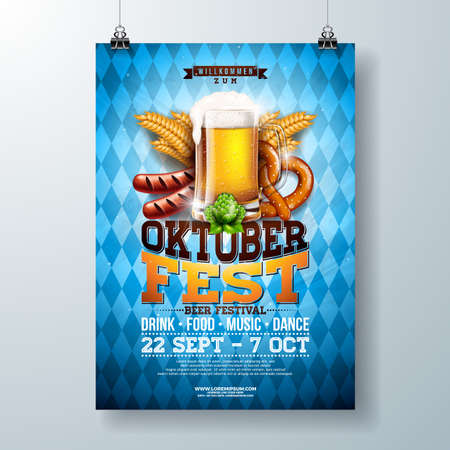 Oktoberfest party poster illustration with fresh lager beer, pretzel, sausage and wheat on blue and white Bavaria flag background. Vector celebration flyer template for traditional German beer festivalのイラスト素材
