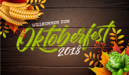 Oktoberfest Banner Illustration with Typography Lettering on Vintage Wood Background. Vector Traditional German Beer Festival Design Template with Wheat, Hop and Autumn Leaves for Greeting Card, Invitation, Celebration Flyer or Promotional Posterのイラスト素材