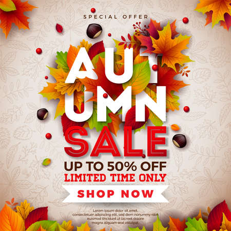 Autumn Sale Design with Falling Leaves, Chestnut and 3d Lettering on Doodle Pattern Background. Autumnal Vector Illustration with Special Offer Typography Elements for Coupon, Voucher, Banner, Flyer, Promotional Poster or Greeting Cardのイラスト素材