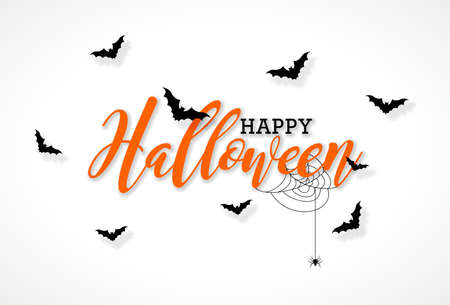 Happy Halloween vector illustration with typography lettering, flying bats and spider on white background. Holiday design for greeting card, banner, celebration poster, party invitationのイラスト素材