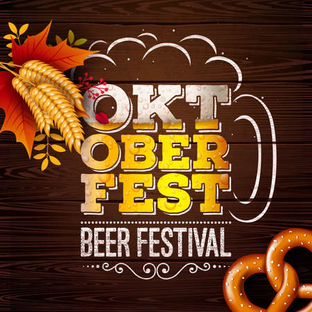Oktoberfest Banner Illustration with Fresh Beer in Typography Lettering on Vintage Wood Background. Vector Traditional German Beer Festival Design with Wheat, Pretzel and Autumn Leaves for Greeting Card, Invitation, Celebration Flyer or Posterのイラスト素材