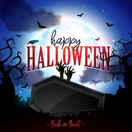 Happy Halloween banner illustration with moon, flying bats, coffin and zombie hand on blue night sky background. Vector Holiday design template with typography lettering and cemetery for greeting card, flyer, celebration poster or party invitationのイラスト素材