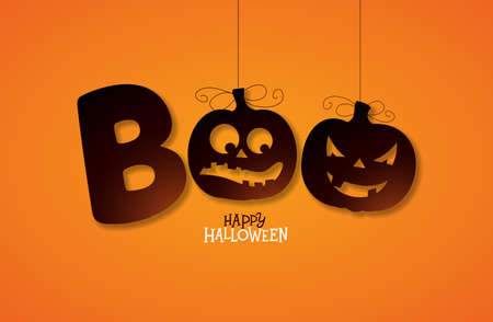 Boo, Happy Halloween design with typography lettering on orange background. Vector Holiday design template for greeting card, flyer, celebration poster or party invitationのイラスト素材