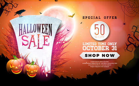 Halloween Sale banner illustration with tombstone, pumpkins, moon and flying bats on red night sky background. Vector Holiday design template with typography lettering for offer, coupon, celebration banner, voucher or promotional posterのイラスト素材