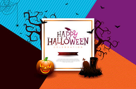 Halloween Sale banner illustration with pumpkin, spider, cemetery and flying bats on abstract colorful background. Vector Holiday design template with typography lettering for offer, coupon, celebration banner, voucher or promotional posterのイラスト素材