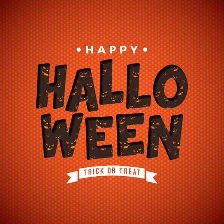 Happy Halloween vector illustration with scary face pattern in typography lettering on orange background. Holiday design for greeting card, banner, celebration poster, party invitationのイラスト素材