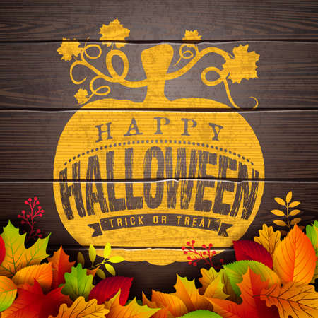 Happy Halloween banner illustration with autumn leaves and typography lettering in pumpkin on vintage wood background. Vector Holiday design template with typography lettering and cemetery for greeting card, flyer, celebration poster or party invitationのイラスト素材
