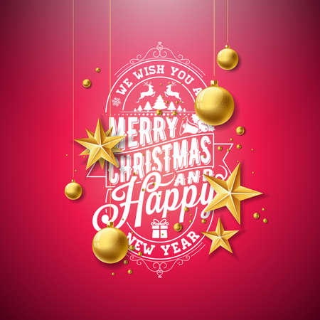 Merry Christmas Illustration with Gold Glass Ball, Star and Typography Elements on Red Background. Vector Holiday Design for Greeting Card, Party Invitation or Promo Banner.のイラスト素材