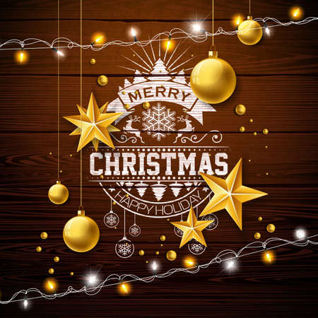 Merry Christmas Illustration with Gold Glass Ball, Lights Garland and Typography Elements on Vintage Wood Background. Vector Holiday Design for Greeting Card, Party Invitation or Promo Bannerのイラスト素材
