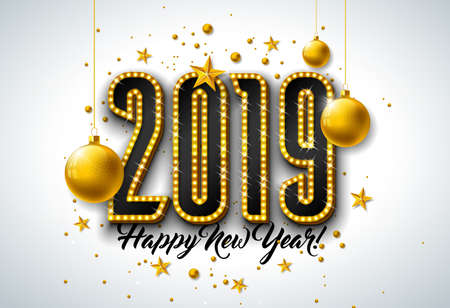 2019 Happy New Year illustration with 3d light bulb typography lettering and Christmas ball on white...