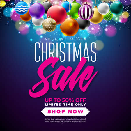 Christmas Sale Design with Multicolor Ornamental Ball on Blue Background. Holiday Vector Illustration with Special Offer Typography Elements for Coupon, Voucher, Banner, Flyer, Promotional Poster or Greeting Cardのイラスト素材