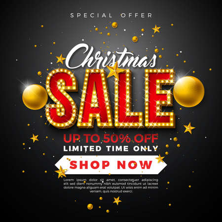 Christmas Sale Design with Ornamental Ball and Light Bulb Lettering on Black Background. Holiday Vector Illustration with Special Offer Typography Elements for Coupon, Voucher, Banner, Flyer, Promotional Poster or Greeting Cardのイラスト素材
