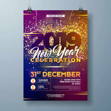 2019 New Year Party Celebration Poster Template illustration with Gold Glittered Number and Falling Colorful Confetti on Shiny Background. Vector Holiday Premium Invitation Flyer or Promo Banner