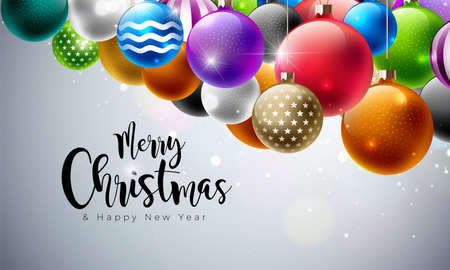 Merry Christmas Illustration with Multicolor Ornamental Balls on White Background. Vector Happy New Year Design for Greeting Card, Poster or Bannerのイラスト素材