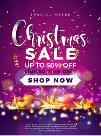 Christmas Sale Design with Ornamental Ball and Lights Garland on Violet Background. Holiday Vector Illustration with Special Offer Typography Elements for Coupon, Voucher, Banner, Flyer, Promotional Poster or Greeting Cardのイラスト素材