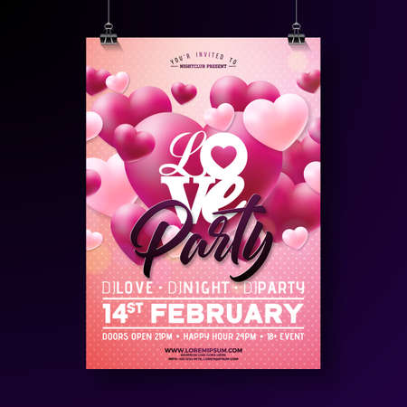 Vector Valentines Day Party Flyer Design with Typography and Balloon Heart on Pink Background. Love Celebration Poster Template for Invitation or Greeting Cardのイラスト素材