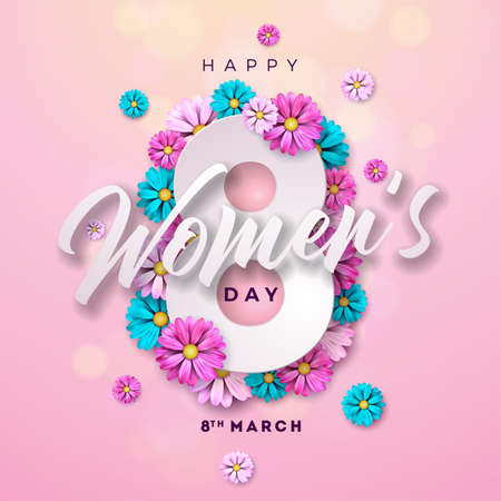 8 March. Happy Womens Day Floral Greeting card. International Holiday Illustration with Flower...